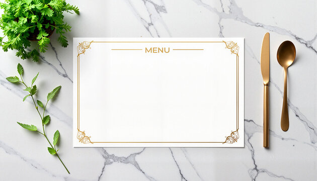 Elegant blank menu template on marble background with utensils  