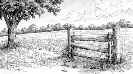Serene Countryside Landscape: A Rustic Wooden Fence and Gate in a Tranquil Field