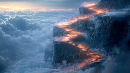 Fototapeta premium Serene Heavenly Stairway: A Magical Journey Through Clouds to a Fiery Mountaintop. An Epic Fantasy Landscape
