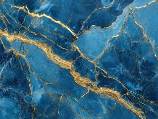 Fototapeta premium Striking blue marble slab with golden veins. Its intricate patterns and luxurious aesthetic suggest elegance, ideal for surface and design uses.