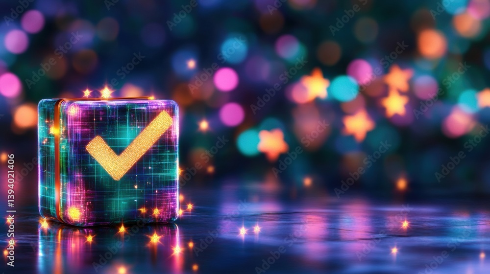 Poster a vibrant checkmark symbol shines brightly against a bokeh background at twilight, creating a festiv