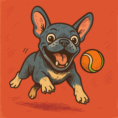 Dog Playing Fetch with Ball Cartoon Illustration on Orange Background