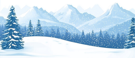 Snowy mountain landscape. Vector blue silhouette of mountains, hills and forest. Holiday background with pine, spruce, Christmas tree. Winter nature. Banner with evergreen coniferous trees for website