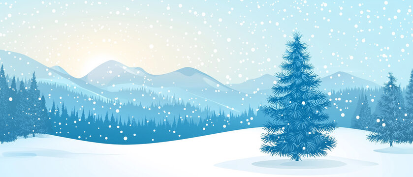Snowy mountain landscape. Vector blue silhouette of mountains, hills and forest. Holiday background with pine, spruce, Christmas tree. Winter nature. Banner with evergreen coniferous trees for website