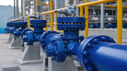 Industrial Water Pipeline with Blue Valves and Metallic Structure in a Modern Facility