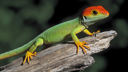 Fototapeta premium Vibrant Chameleonic Lizard on Textured Wood Log with Colorful Head and Green Body Appearing in Nature's Detailed Close-Up Shot Against Blurred Background