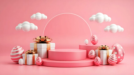 Pink easter themed scene with podium, gifts, decorated eggs and fluffy white clouds backdrop