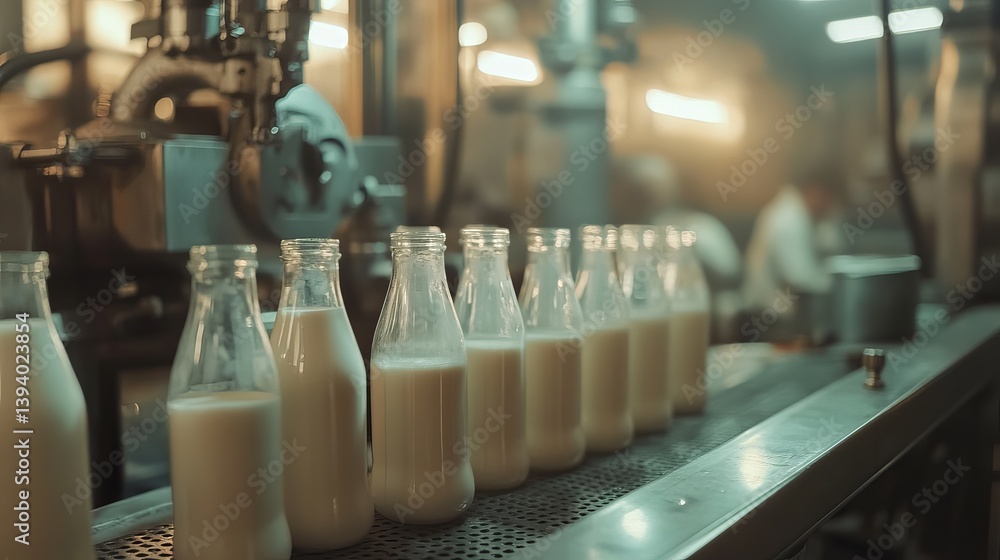 Poster milk bottles moving along a conveyor belt in a factory setting with machinery in the background