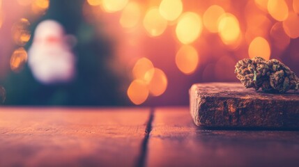 A cannabis bud on rustic wood with warm holiday lights in the background creates a festive vibe