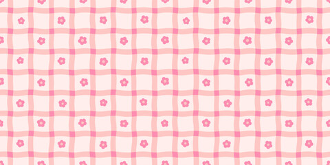 Coquette Floral Seamless Patterns with Plaid and Small Daisy Flowers. Cottagecore Vector Background in Vintage Ditsy Style of Pink Colors for Print on Textile, Paper, Web Design