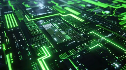 Obraz premium A close-up view of a futuristic circuit board with glowing green lines and components.