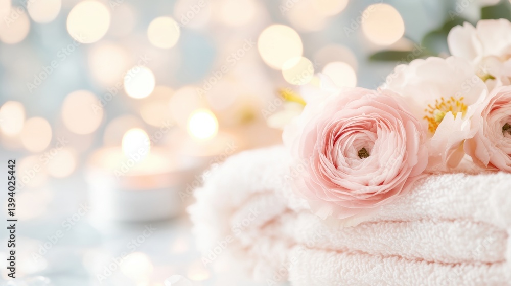 Poster soft white towels are neatly arranged with delicate pink flowers and flickering candles, creating a 
