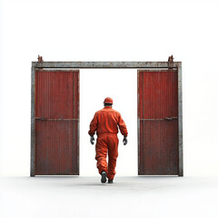 Worker in Orange Walks Through Rusty Industrial Gates