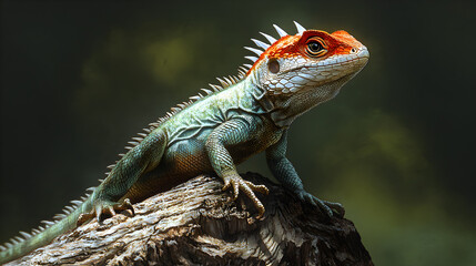 Fototapeta premium Vibrant Lizard Perched on Natural Log Against Dramatic Green Background with Sharp Spines and Unique Coloration