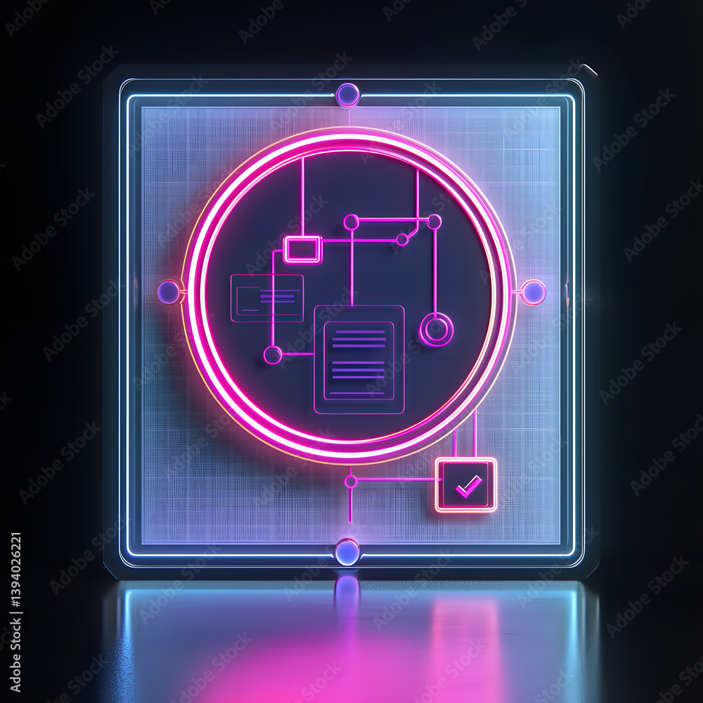 Poster floating circular workflow icon in a futuristic digital environment visualizing modern technology in