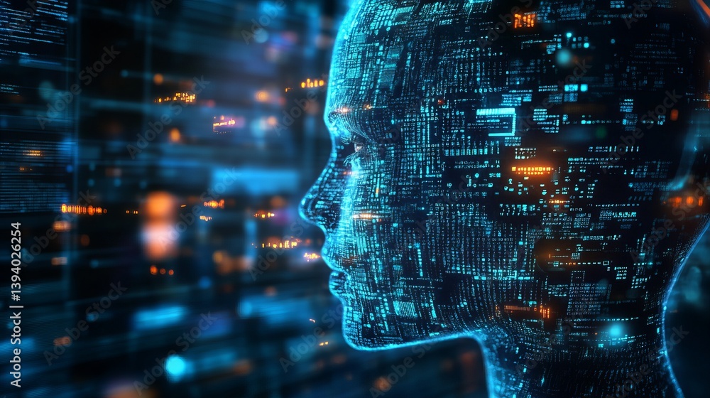 Poster digital human head profile with complex circuit board design in a blue and orange color scheme
