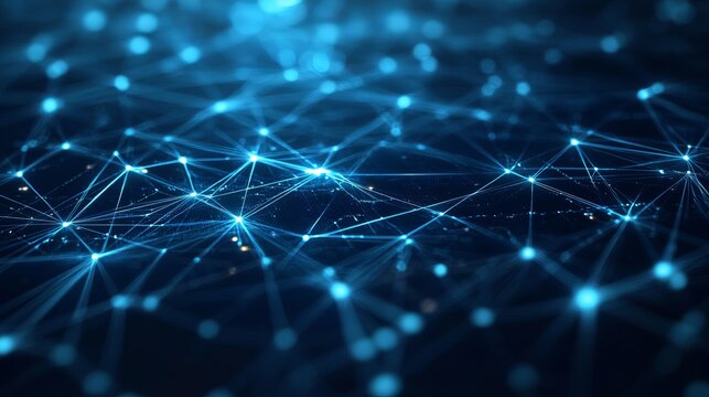 A digital network of interconnected blue nodes with connecting lines on a dark background design