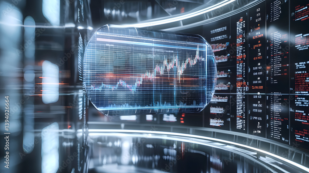 Poster floating crypto trading chart visualization digital trading room graphical data futuristic environme