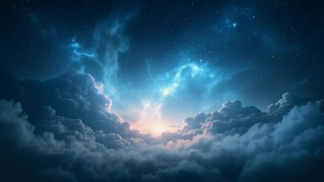 Endless Cosmic Clouds Drift Across the Night Sky Under a Starry Glow