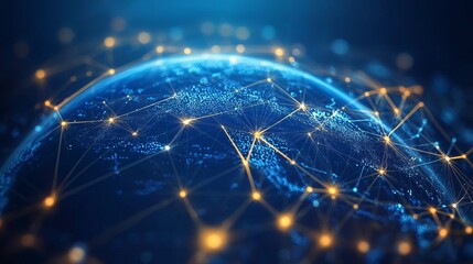 A glowing blue globe with interconnected lines and nodes representing a global network system