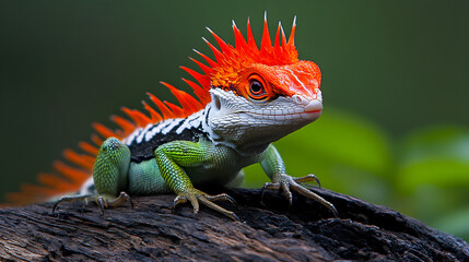 Fototapeta premium Colorful and Vibrant Lizard with a Spiky Crest Posing on a Log Surrounded by Lush Greenery in a Natural Habitat Setting