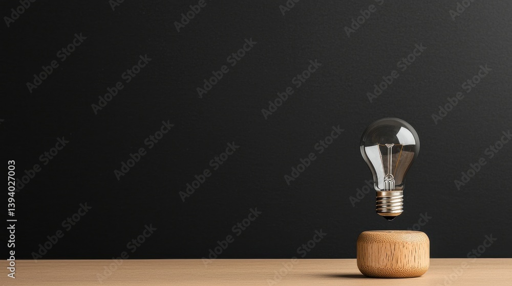 Poster light bulb floating above wooden base on dark background with minimalistic design