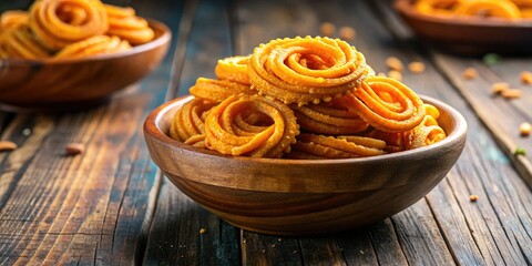 Golden-brown murukku, a crunchy Indian treat, beautifully presented in a wooden bowl.