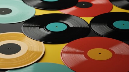 Fototapeta premium Colorful Vinyl Records Spread Across Bright Yellow Surface for Music Enthusiasts and Collectors