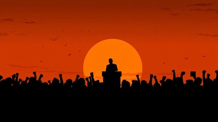 Fototapeta premium Silhouette of a leader: Against a dramatic sunset, a silhouette of a leader addresses a crowd, conveying power and influence in a scene full of intensity.