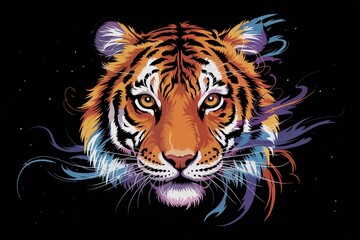 Vivid Tiger Illustration With Abstract Details And Black Background For Graphic Design