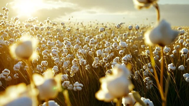 An expansive cotton field with rows upon rows full of fluffy white bolls