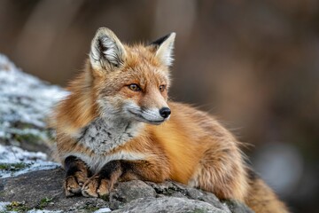 Red Fox Resting Alertly On A Rock With Soft Natural Light Portrait