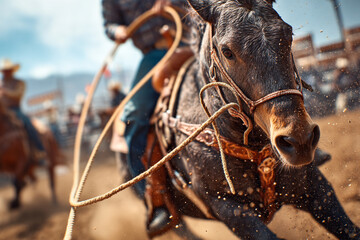 Fototapeta premium A tight and powerful photo capturing the moment a cowboy throws a lasso toward a calf in mid-run during a rodeo competition.