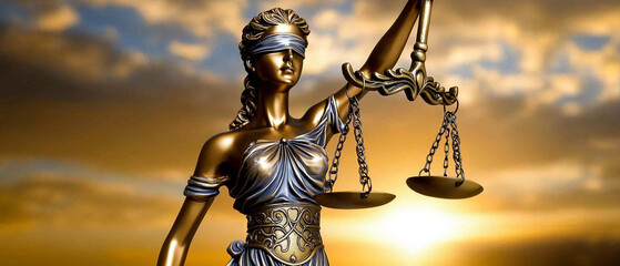 Legal and law concept statue of Lady Justice with scales of justice and sky background 