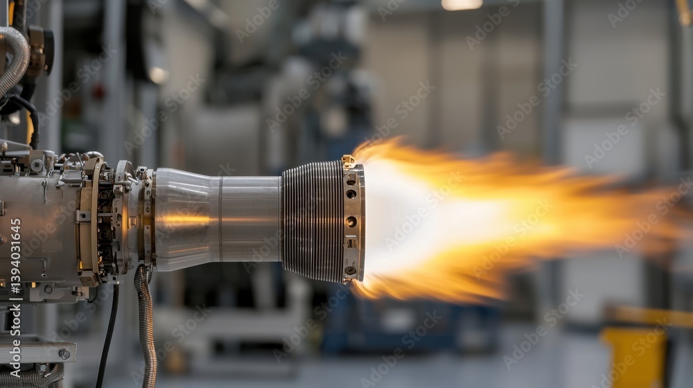 Poster high-temperature jet engine with flame and precision engineering in industrial setting