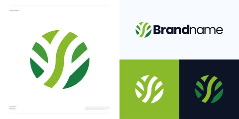 Growing green leaves or trees logo icon design vector illustration for nature, Symbol leaf or plant and circle root geometric shapes. usable for agriculture technology field and brand identity.