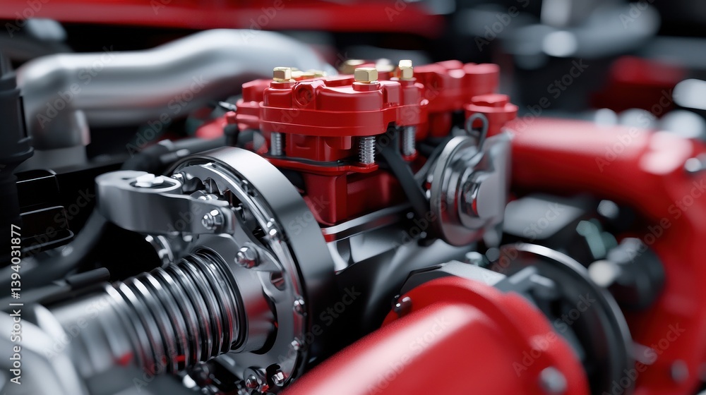 Aufkleber close-up view of a detailed engine component with red accents and metallic features