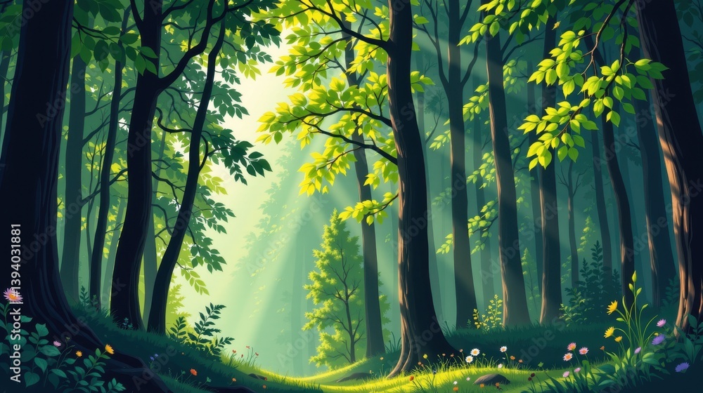 Poster lush forest scene with sunlight filtering through trees creating a serene atmosphere.