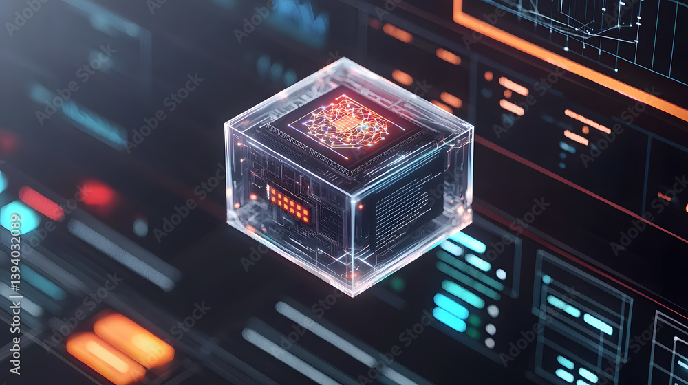 Poster revolutionary neural ai chip icon futuristic tech environment digital interface photorealistic desig