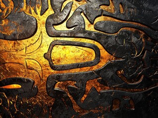 Fototapeta premium Textured artwork featuring a dynamic interplay of black sculpted elements against a glowing, luminous golden backdrop creating contrast.