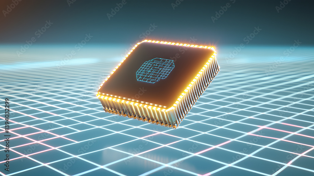 Poster neural ai chip icon floating in 3d space technology visualization digital environment futuristic con