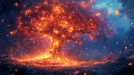 A giant glowing tree in the heart of a magical forest, with glowing fruits and mystical creatures perched on its branches