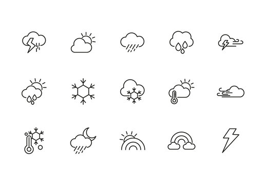 Black Weather Outlined Forecast Climate Icons Set
