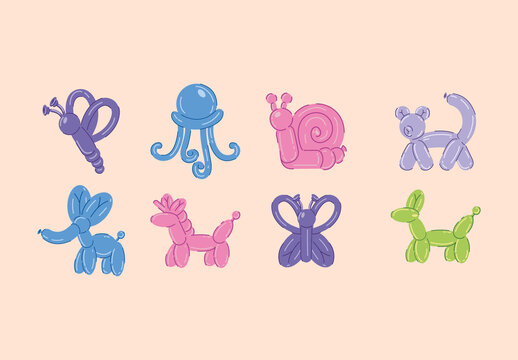 Pink And Blue Balloon Animals Toy Inflatable Illustrations Set