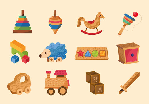 Brown And Beige Classic Wooden Toys Illustration Design Set