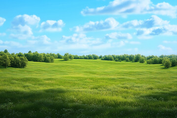 A hyper-realistic view of a summer field, stretching endlessly with soft green grass, clusters of oak and pine trees, and a vibrant blue sky.