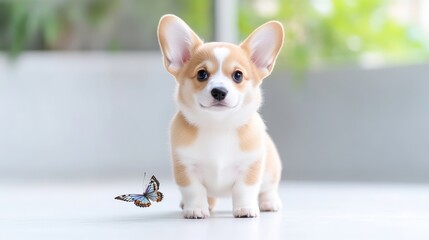 Adorable puppy, sitting, with butterfly