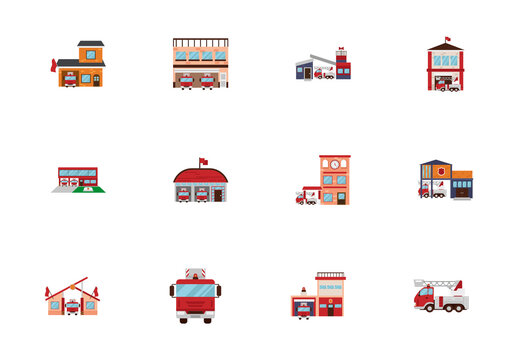 Colorful Emergency Fire Station Architecture Illustration Set