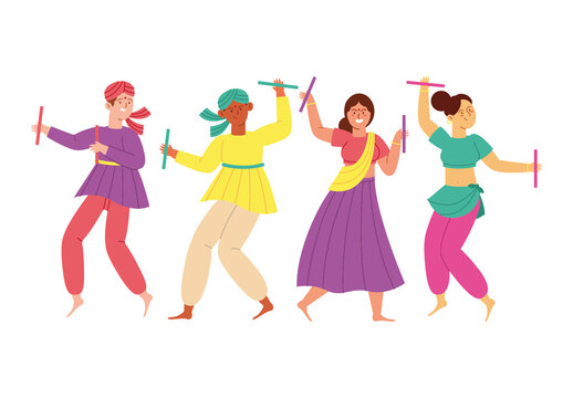 Colorful Traditional Indian Festival Dance Characters Illustrations