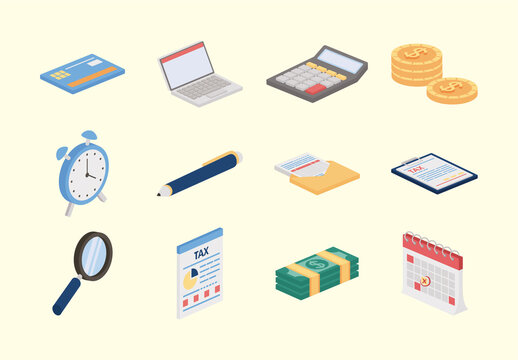 Colorful Financial Planning Budget and Tax Icons Set